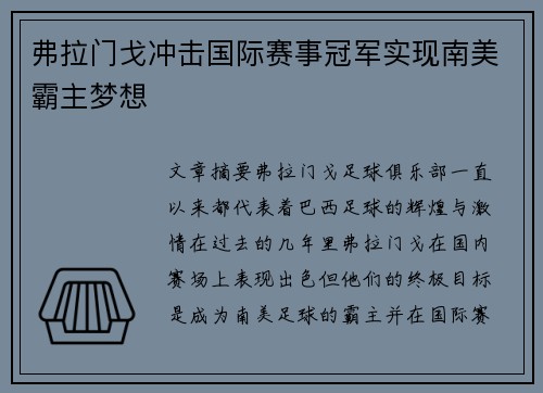 弗拉门戈冲击国际赛事冠军实现南美霸主梦想